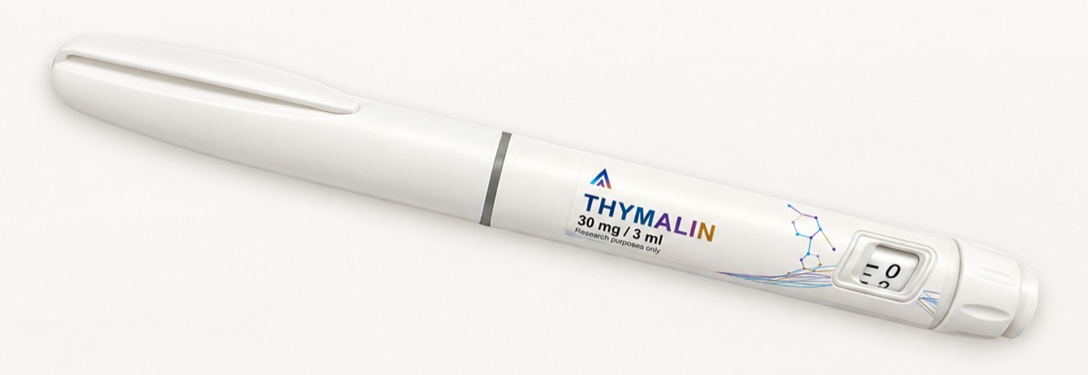 White Aevamere Thymalin pen labelled 30 mg / 3 ml, angled downward to the right on an ivory studio surface.