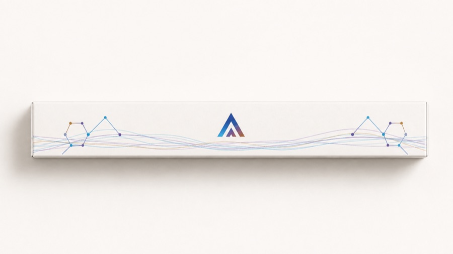 Approved Aevamere carton top mockup with gradient monogram and fine coloured linework.