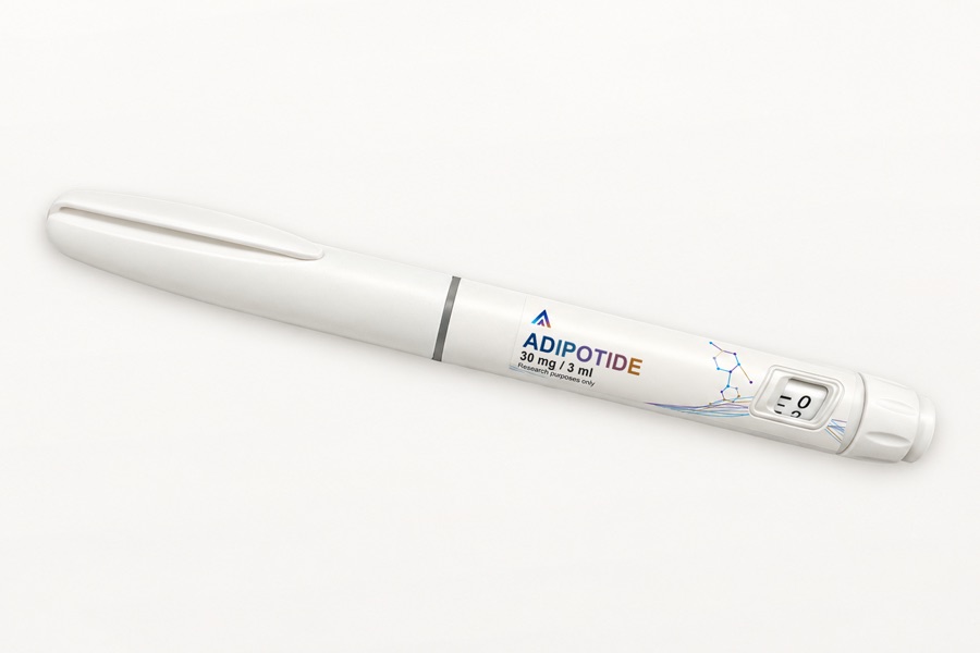 White Aevamere Adipotide pen labelled 30 mg / 3 ml, angled on an ivory studio surface.