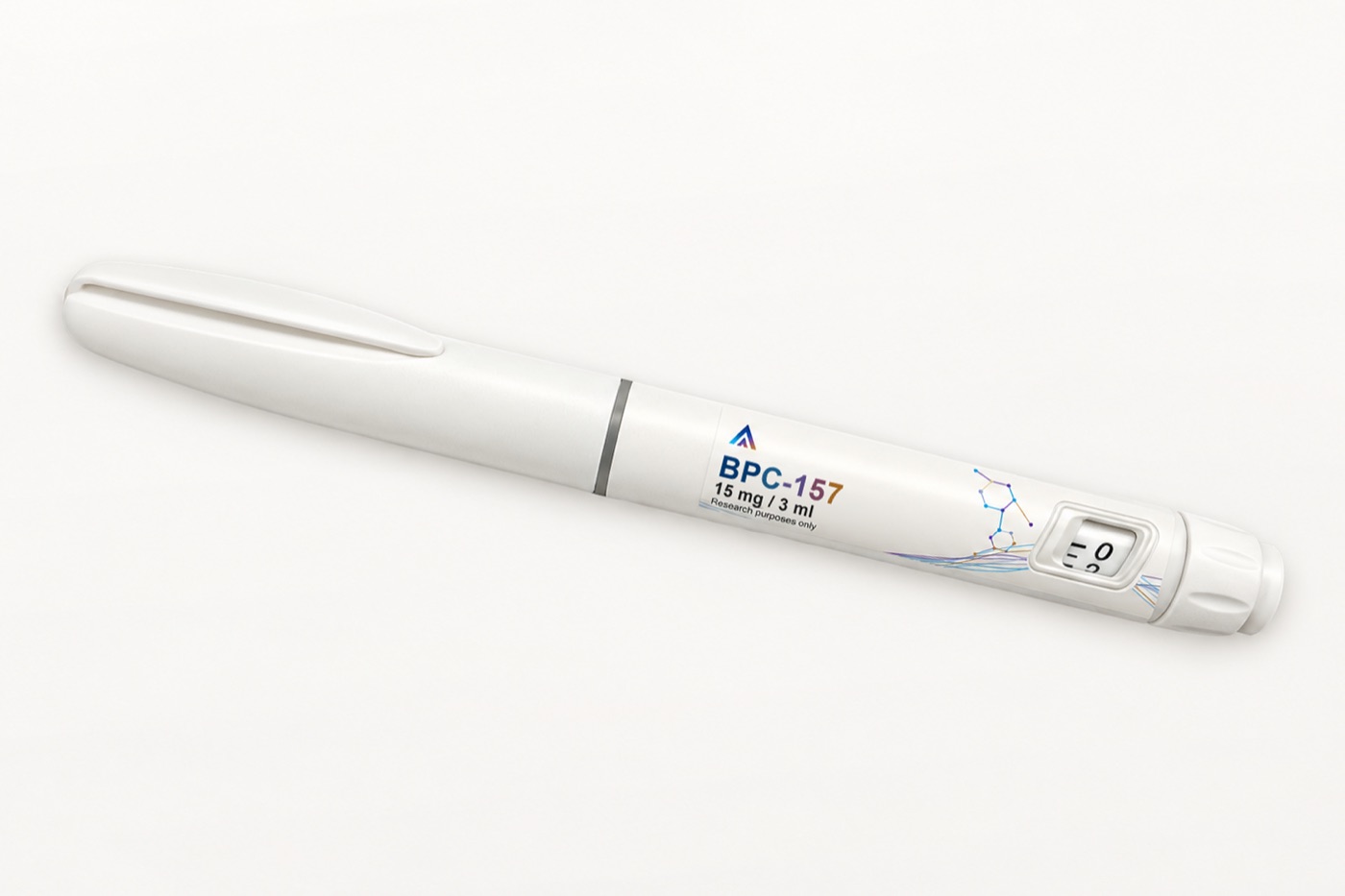 White Aevamere BPC-157 pen labelled 15 mg / 3 ml, angled on an ivory studio surface.