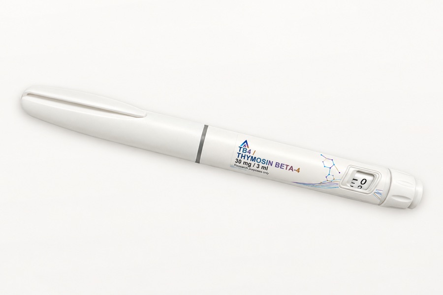 White Aevamere TB4 / Thymosin Beta-4 pen labelled 30 mg / 3 ml, angled on an ivory studio surface.