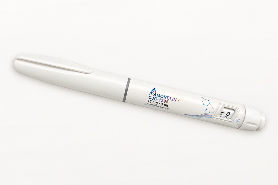 White Aevamere Ipamorelin / CJC-1295 pen labelled 15 mg / 3 ml, angled on an ivory studio surface.