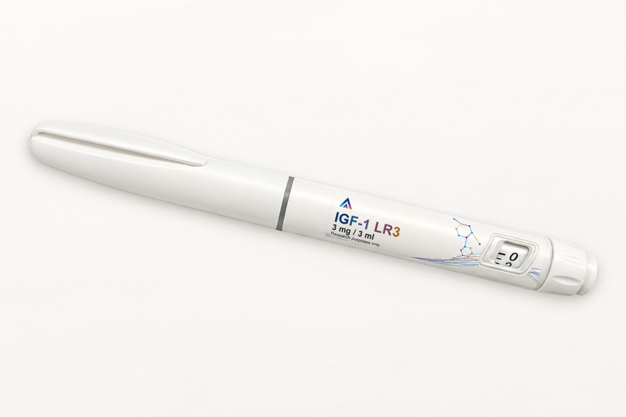White Aevamere IGF-1 LR3 pen labelled 3 mg / 3 ml, angled on an ivory studio surface.