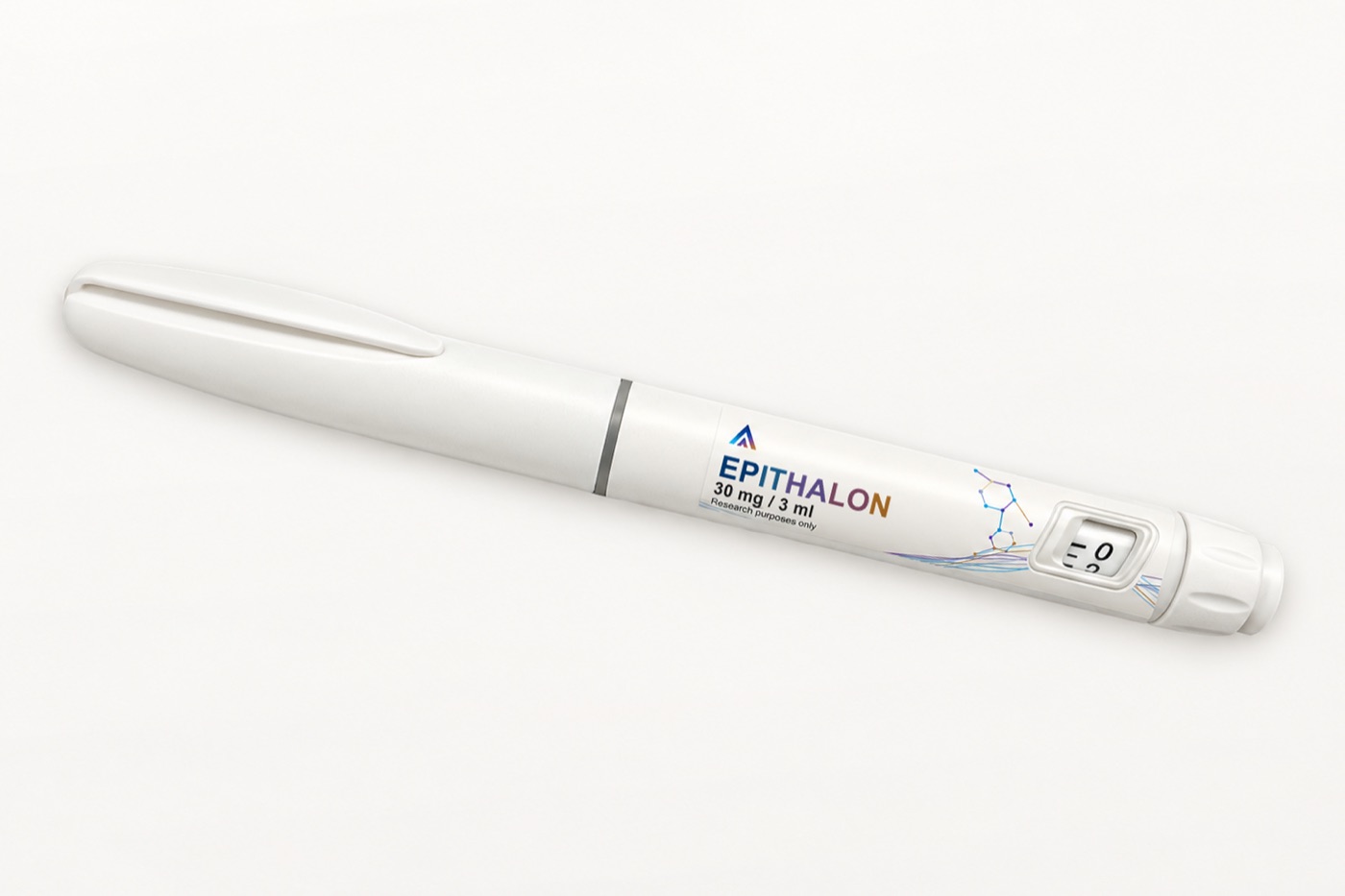 White Aevamere Epithalon pen labelled 30 mg / 3 ml, angled on an ivory studio surface.