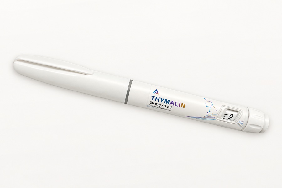 White Aevamere Thymalin pen labelled 30 mg / 3 ml, angled on an ivory studio surface.