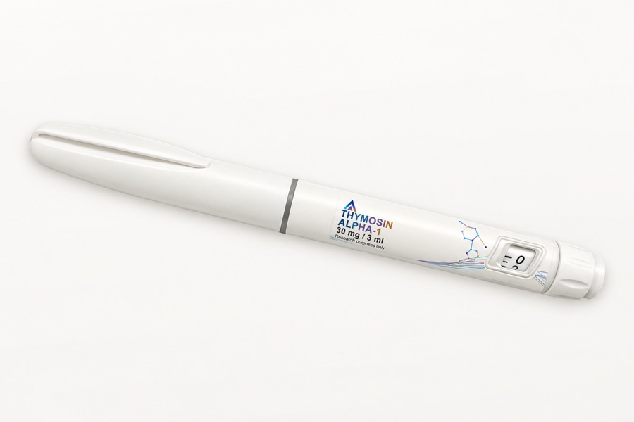 White Aevamere Thymosin Alpha-1 pen labelled 30 mg / 3 ml, angled on an ivory studio surface.
