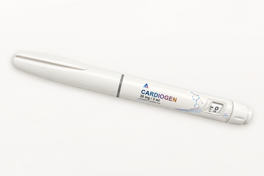 White Aevamere Cardiogen pen labelled 30 mg / 3 ml, angled on an ivory studio surface.