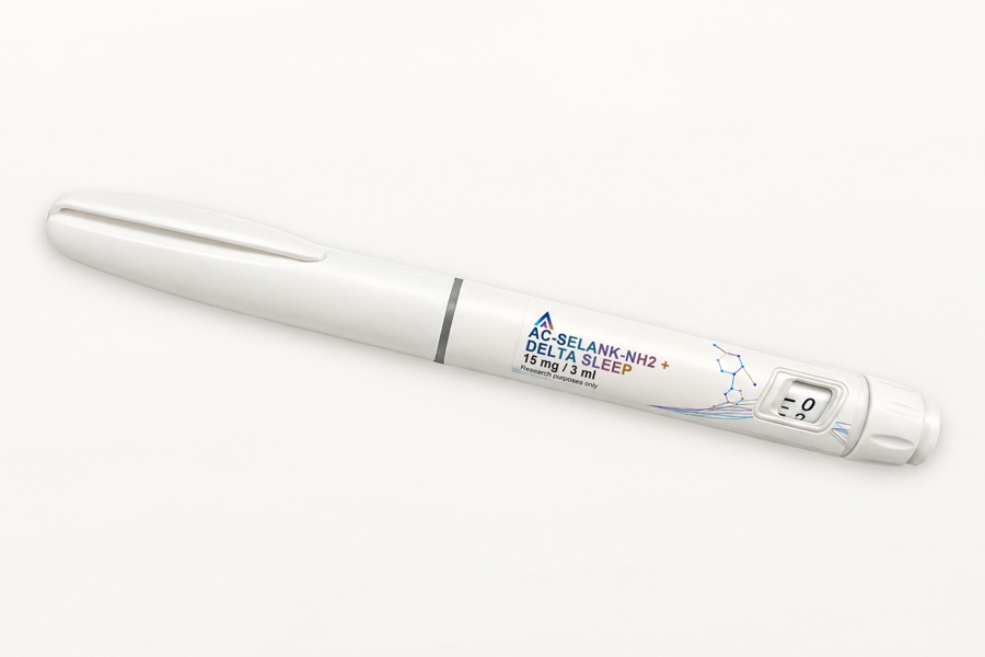White Aevamere AC-Selank-NH2 + Delta Sleep pen labelled 15 mg / 3 ml, angled on an ivory studio surface.
