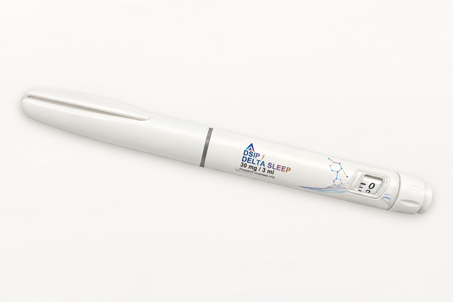 White Aevamere DSIP / Delta Sleep pen labelled 30 mg / 3 ml, angled on an ivory studio surface.