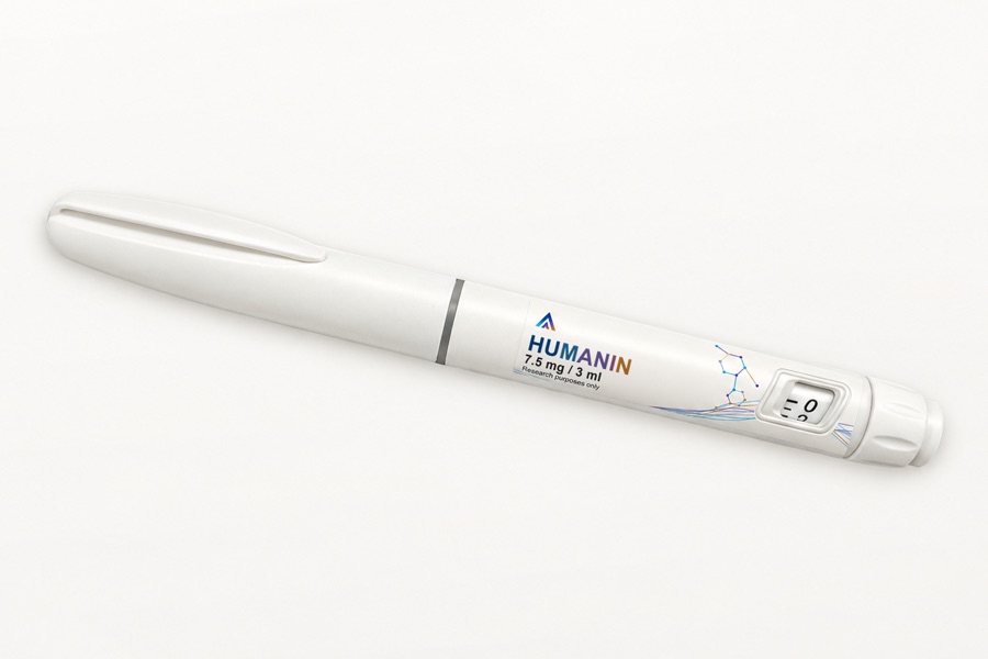 White Aevamere Humanin pen labelled 7.5 mg / 3 ml, angled on an ivory studio surface.