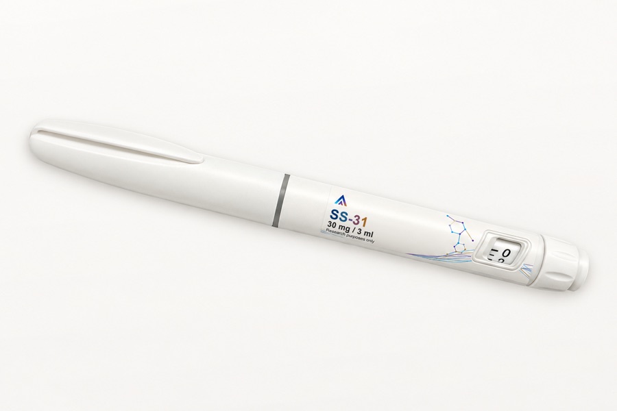 White Aevamere SS-31 pen labelled 30 mg / 3 ml, angled on an ivory studio surface.