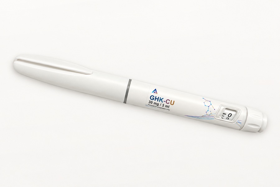 White Aevamere GHK-Cu pen labelled 30 mg / 3 ml, angled on an ivory studio surface.