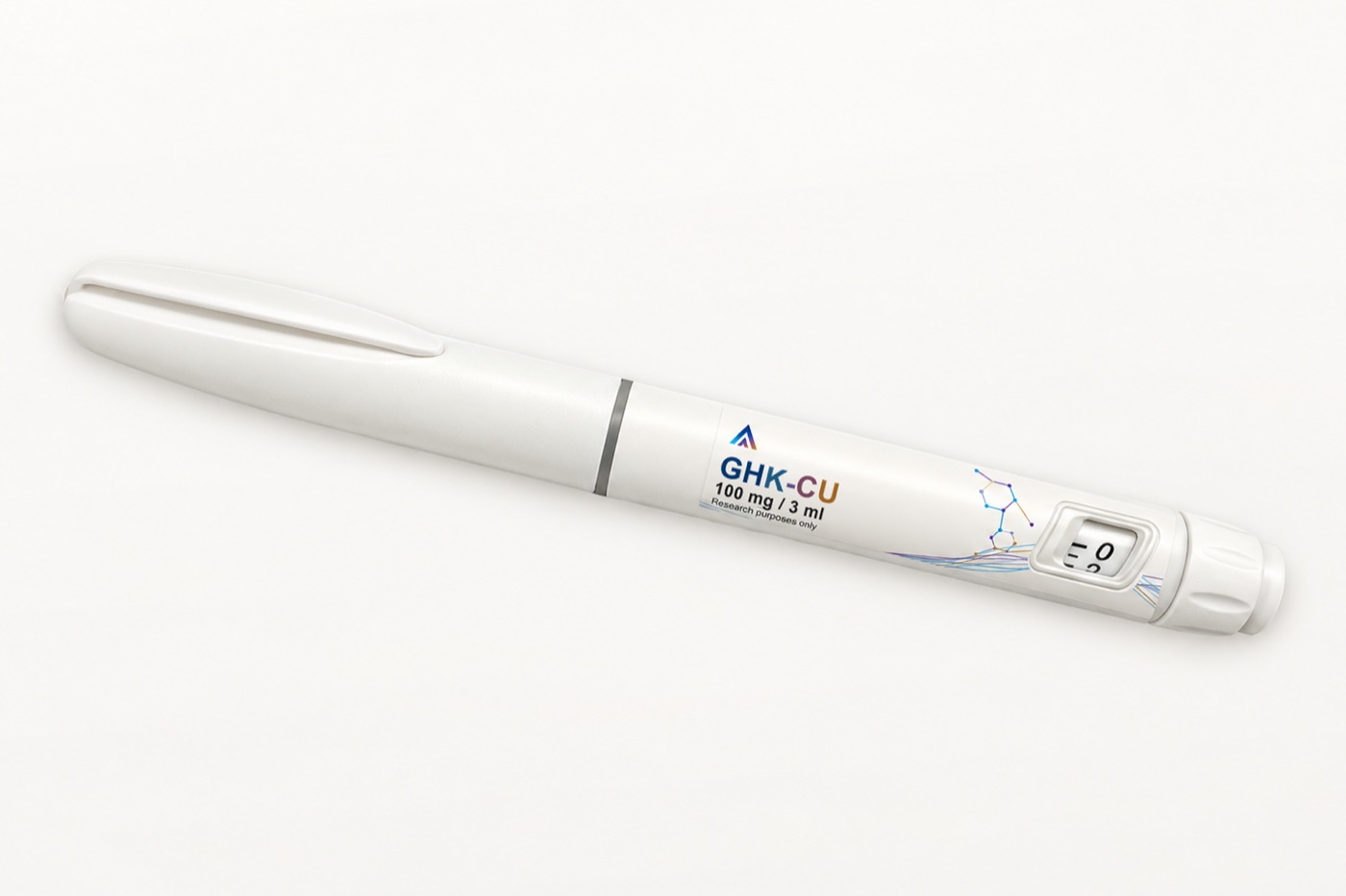 White Aevamere GHK-Cu pen labelled 100 mg / 3 ml, angled on an ivory studio surface.