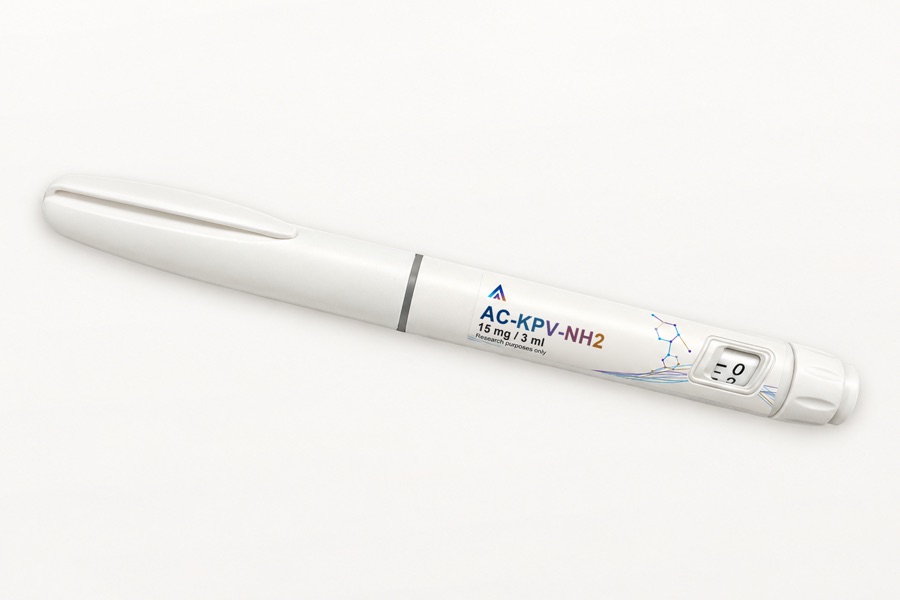 White Aevamere AC-KPV-NH2 pen labelled 15 mg / 3 ml, angled on an ivory studio surface.