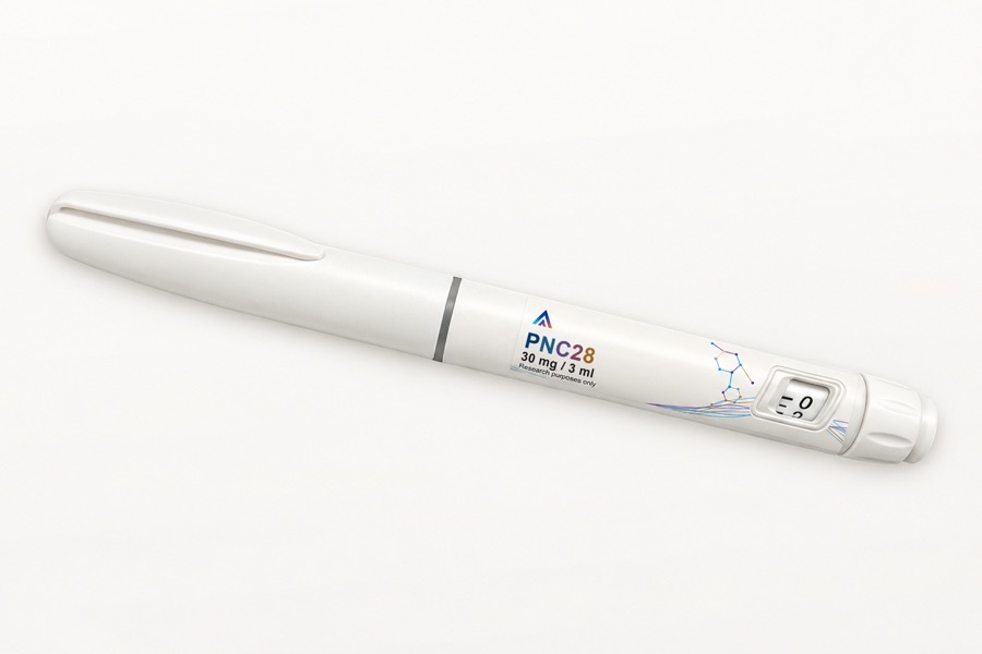 White Aevamere PNC28 pen labelled 30 mg / 3 ml, angled on an ivory studio surface.