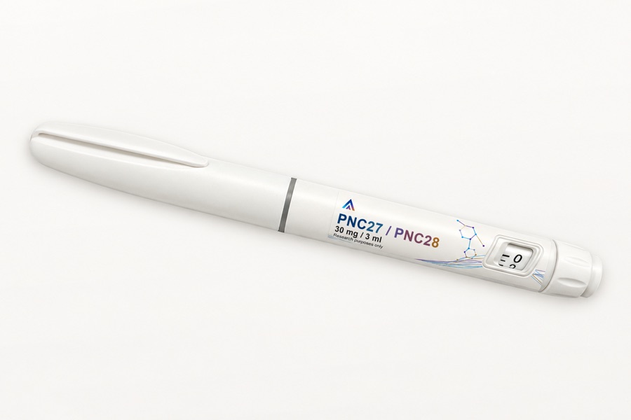 White Aevamere PNC27 / PNC28 pen labelled 30 mg / 3 ml, angled on an ivory studio surface.