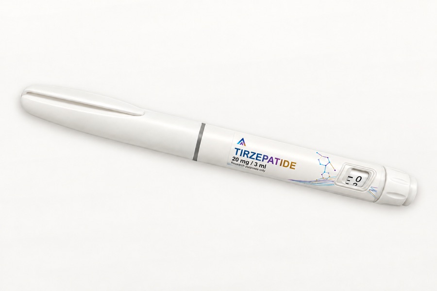 White Aevamere Tirzepatide pen labelled 20 mg / 3 ml, angled on an ivory studio surface.