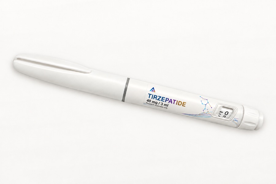 White Aevamere Tirzepatide pen labelled 40 mg / 3 ml, angled on an ivory studio surface.