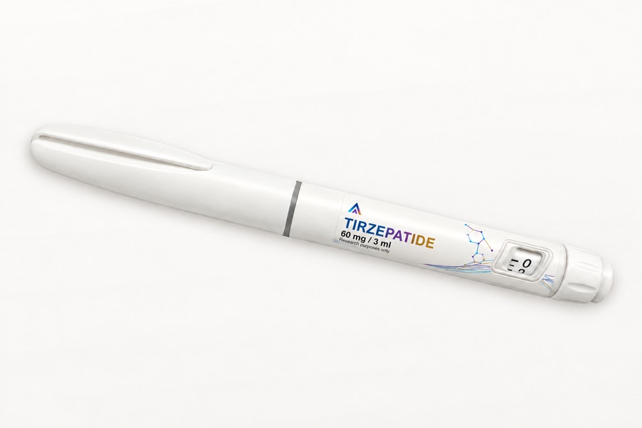 White Aevamere Tirzepatide pen labelled 60 mg / 3 ml, angled on an ivory studio surface.
