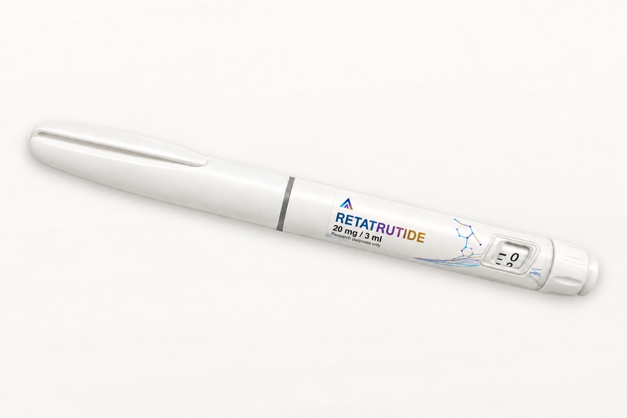 White Aevamere Retatrutide pen labelled 20 mg / 3 ml, angled on an ivory studio surface.