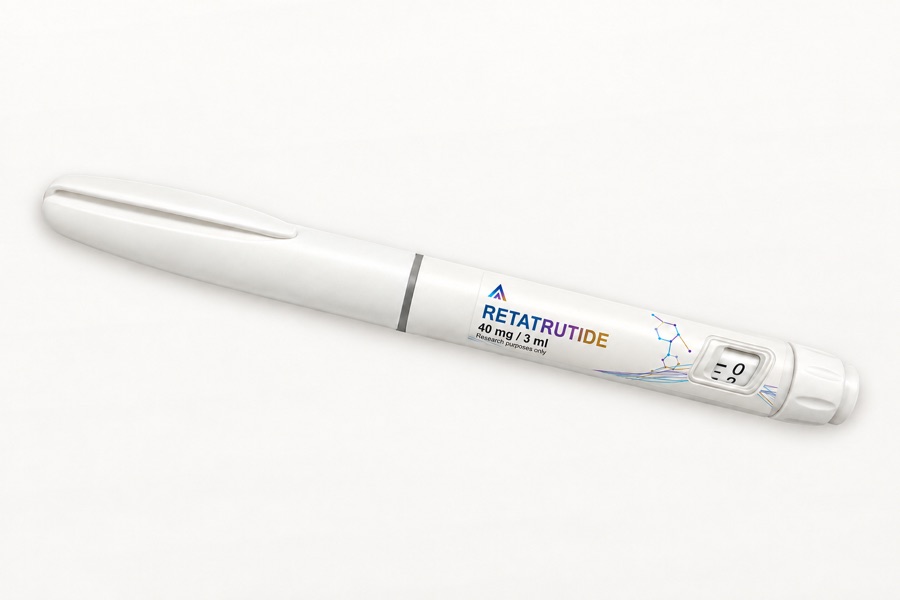 White Aevamere Retatrutide pen labelled 40 mg / 3 ml, angled on an ivory studio surface.