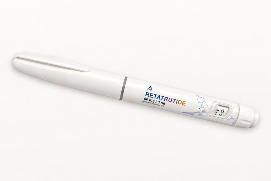 White Aevamere Retatrutide pen labelled 60 mg / 3 ml, angled on an ivory studio surface.
