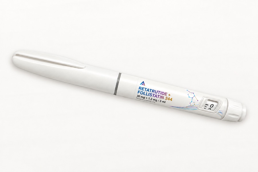 White Aevamere Retatrutide + Follistatin 344 pen labelled 30 mg + 1.2 mg / 3 ml, angled on an ivory studio surface.