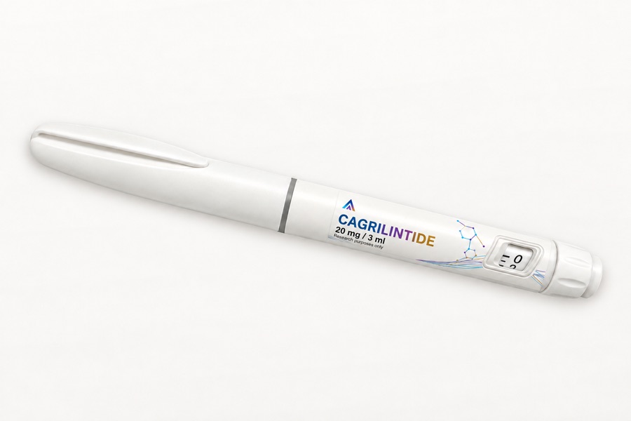White Aevamere Cagrilintide pen labelled 20 mg / 3 ml, angled on an ivory studio surface.