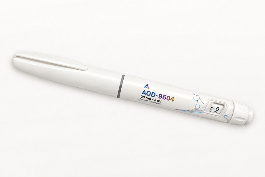 White Aevamere AOD-9604 pen labelled 30 mg / 3 ml, angled on an ivory studio surface.