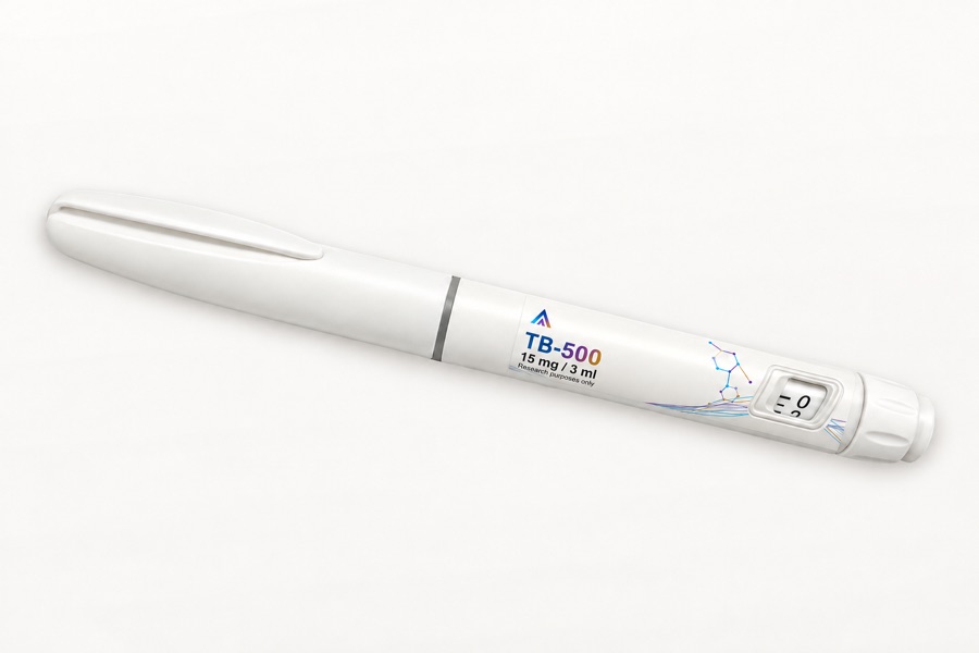 White Aevamere TB-500 pen labelled 15 mg / 3 ml, angled on an ivory studio surface.