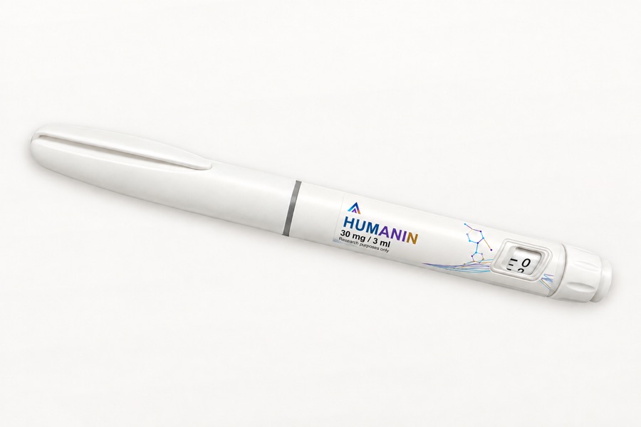 White Aevamere Humanin pen labelled 30 mg / 3 ml, angled on an ivory studio surface.