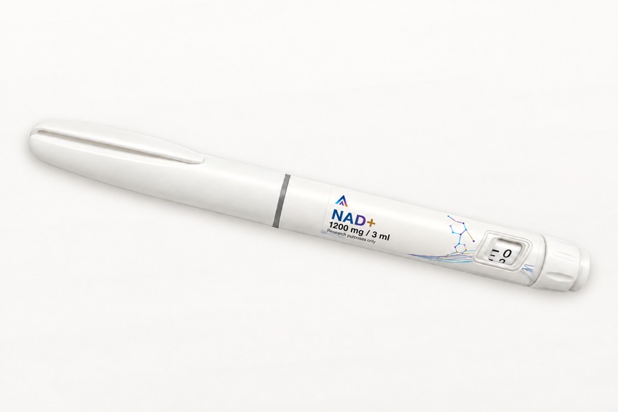 White Aevamere NAD+ pen labelled 1200 mg / 3 ml, angled on an ivory studio surface.