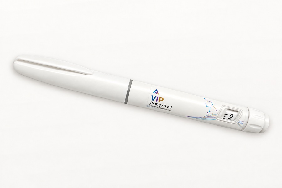 White Aevamere VIP pen labelled 15 mg / 3 ml, angled on an ivory studio surface.