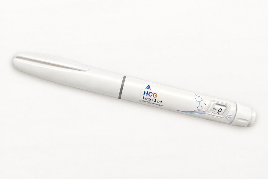 White Aevamere HCG pen labelled 1 mg / 3 ml, angled on an ivory studio surface.