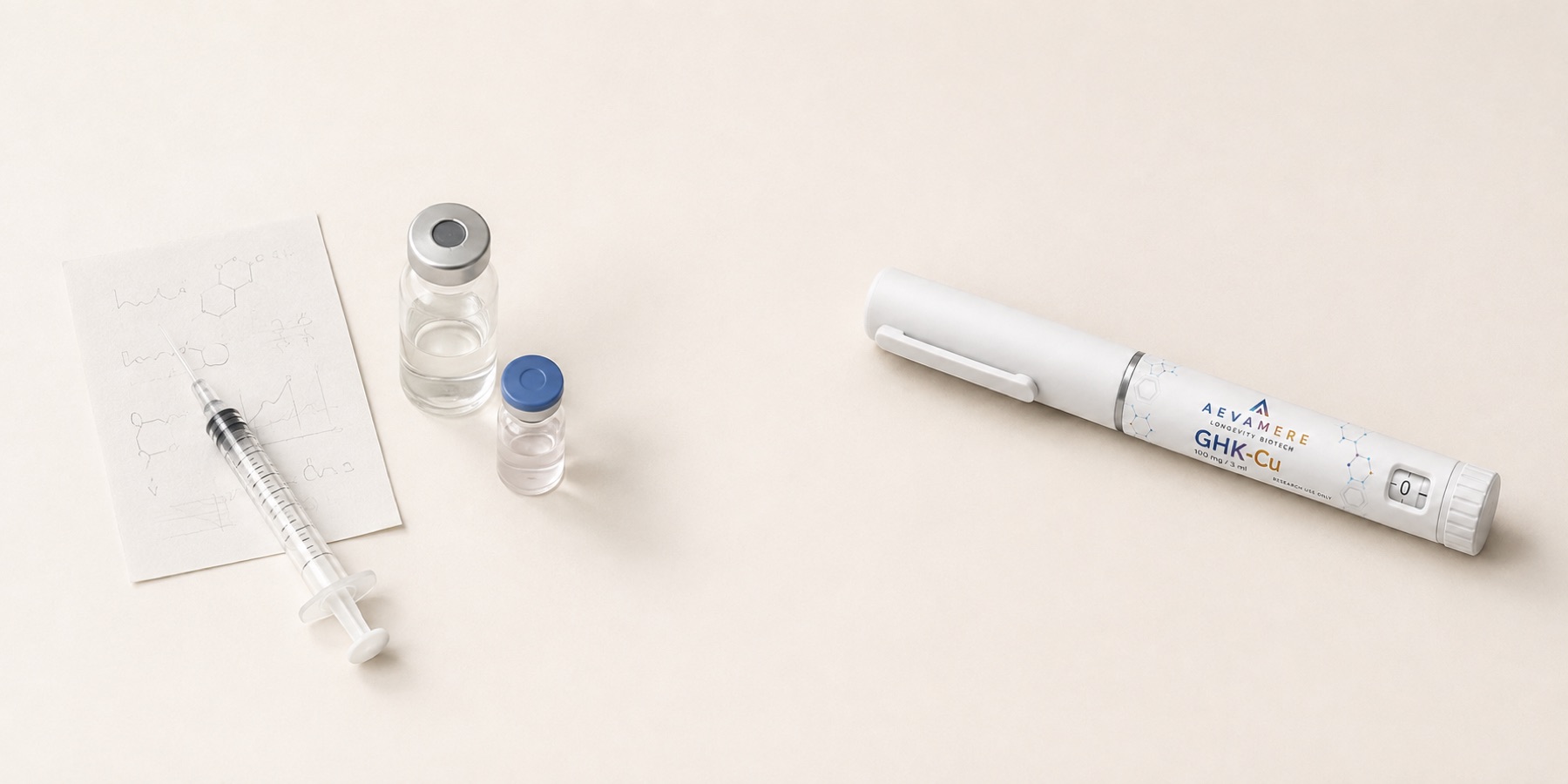 Illustrative comparison of separate laboratory vials, a syringe and calculation notes beside one white Aevamere pen on an ivory surface.