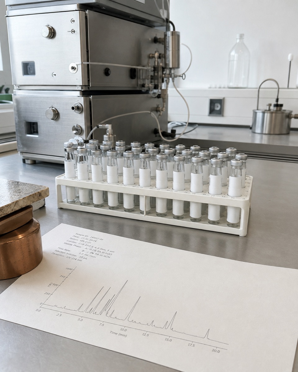 A chromatography bench: stainless HPLC stack, a rack of labelled sample vials, and a printed chromatogram trace lying on the bench.